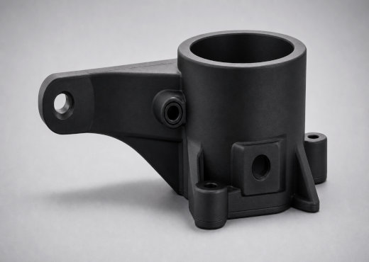 Peça técnica preta impressa em 3D com suporte cilíndrico