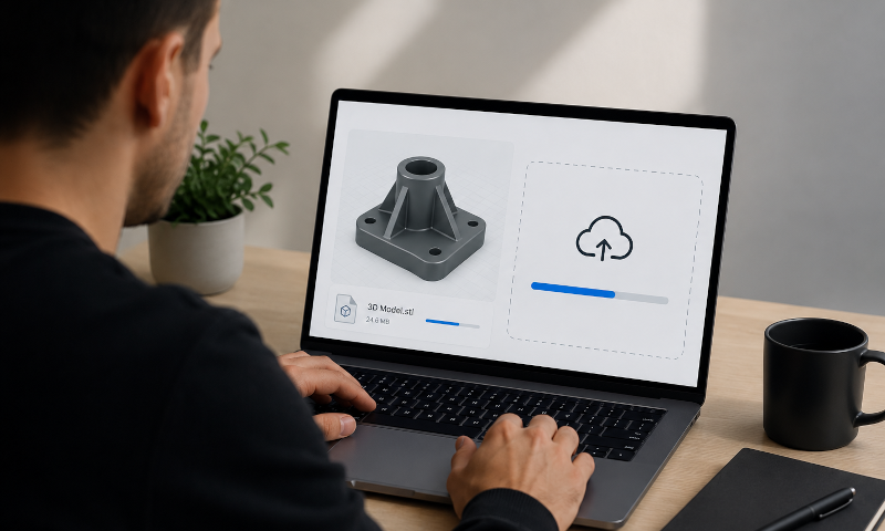 Pessoa a carregar um ficheiro de modelo 3D num portátil